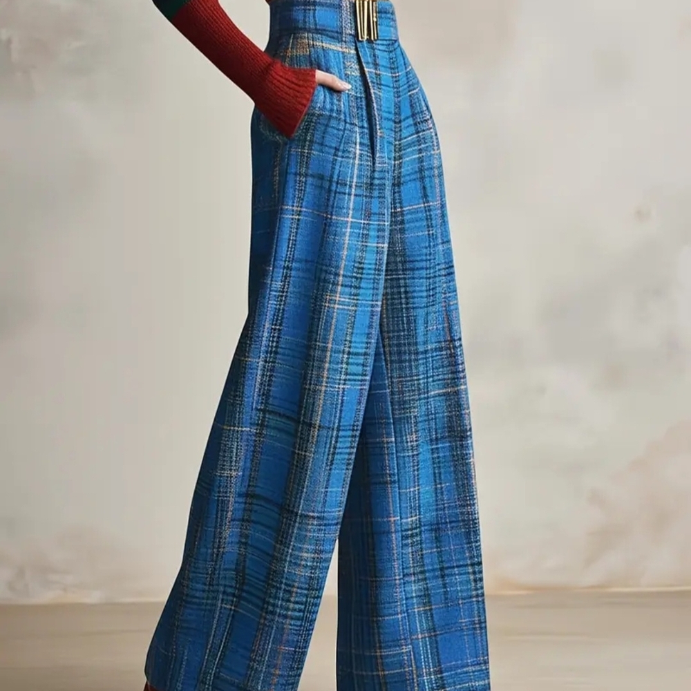 Blue Plaid Women's Wide-Leg Pants